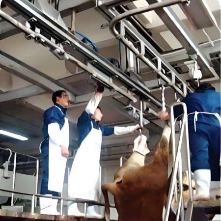 This device is used in the process of transferring and hanging cattle carcasses. The two hind legs of the cattle that are put on the pulley hooks in sequence can be lifted and sent into the track, thereby realizing the rail-changing operation of the whole cattle.