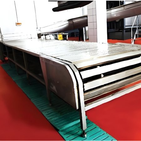 This equipment is used to receive and convey the dehaired pigs that slide out of the dehairing machine, so that workers can shave the remaining hair on the moving carcasses and put their legs on the fork hooks and hang them on the elevator track. It is often used in conjunction with the elevator.