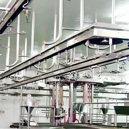 This equipment is installed in parallel with the leather-pulling overhead conveyor, and is used to hang and convey sheep heads and hooves, so that inspectors can inspect the heads and hooves in operation. It is suitable for large and medium-sized slaughtering and processing plants.